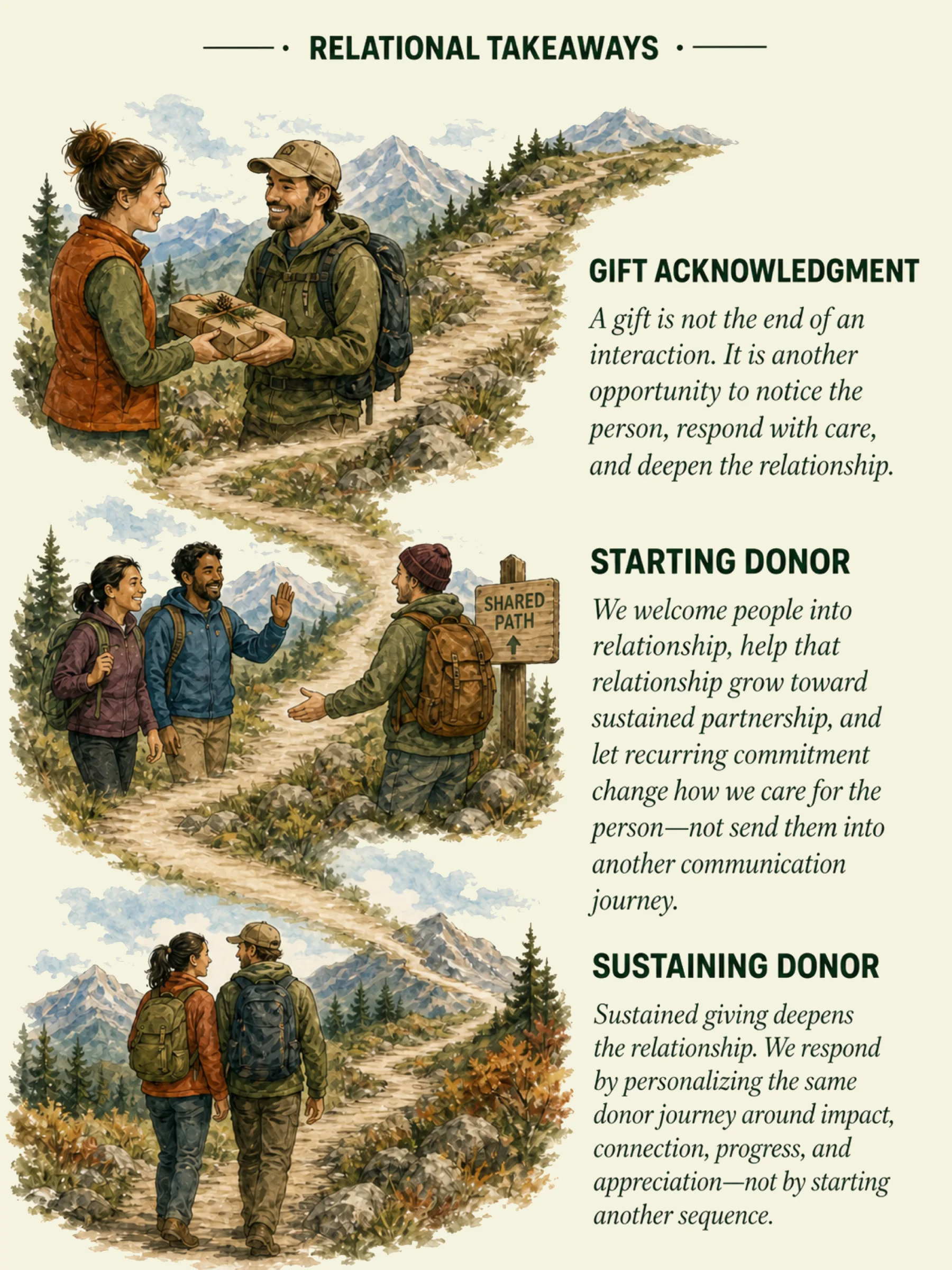 Approved left Relational Takeaways page for Gift Acknowledgment, Starting Donor, and Sustained Donor