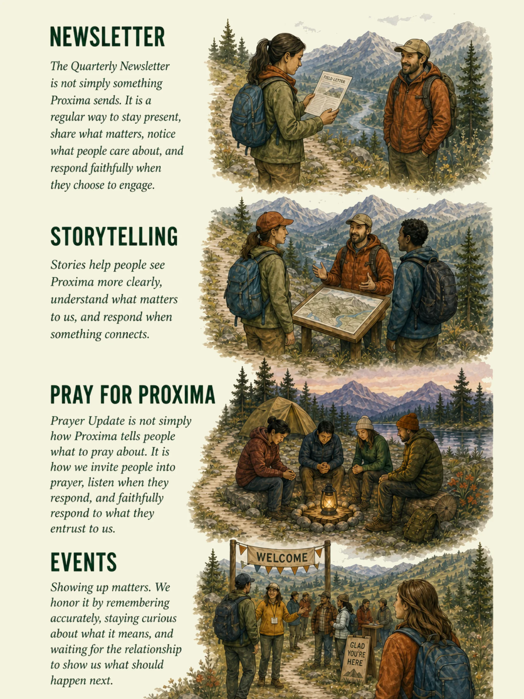 Approved right Relational Takeaways page for Newsletter, Storytelling, Pray for Proxima, and Events