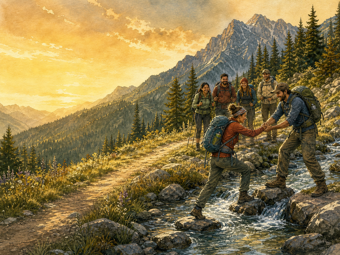 Hikers helping one another across a mountain stream