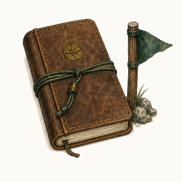 Field journal beside a trail marker