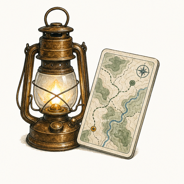 Camping lantern illuminating a trail guide